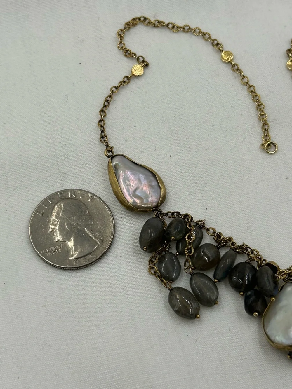 Ross Simons Gold Tone Baroque Station Mobe Pearl and Labradorite Necklace